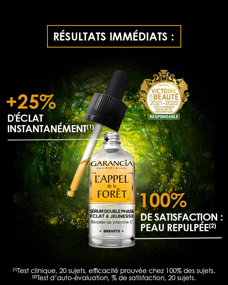 Laboratoire Garancia Sérum [ L'APPEL de la FORÊT ] SÉRUM DOUBLE PHASE - photo avec fond et présentation des résultats immédiats