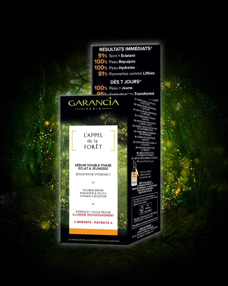 Laboratoire Garancia Sérum [ L'APPEL de la FORÊT ] SÉRUM DOUBLE PHASE - produit de la boite de packaging sur fond noir