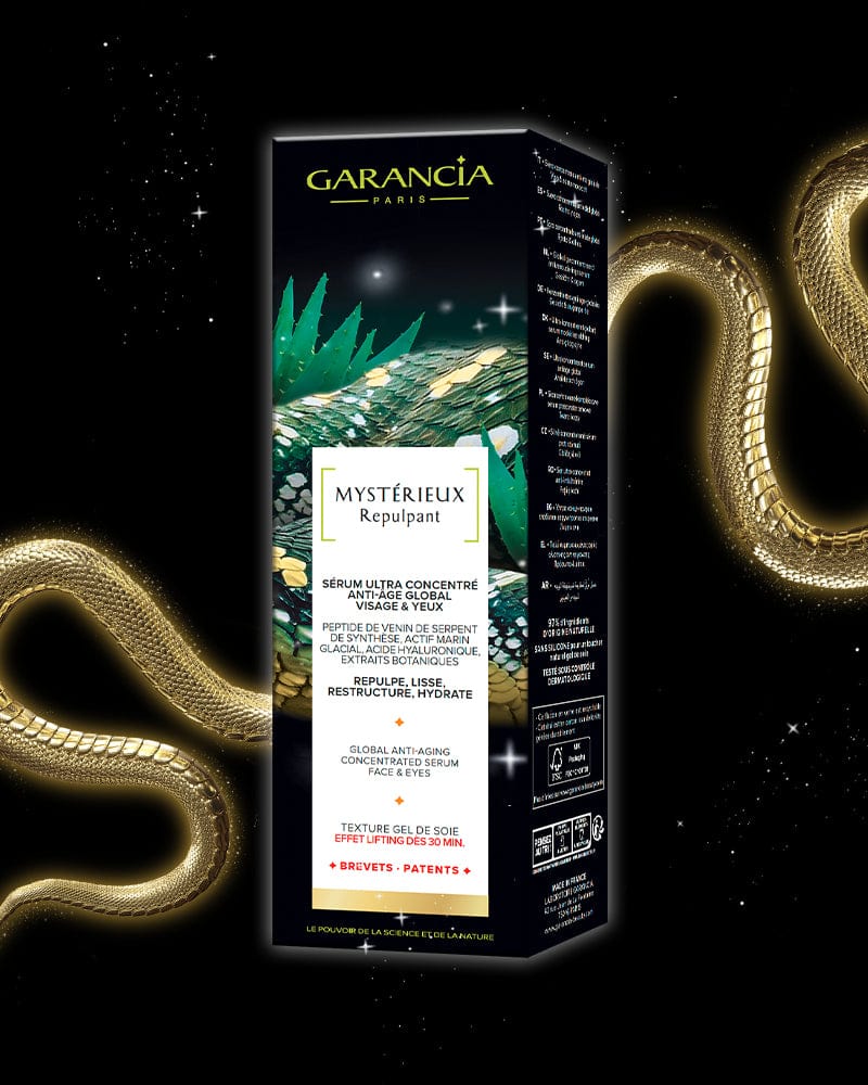 Laboratoire Garancia Anti-Âge & Anti-Rides MYSTÉRIEUX Repulpant. produit dans son packaging. fond noir et doré